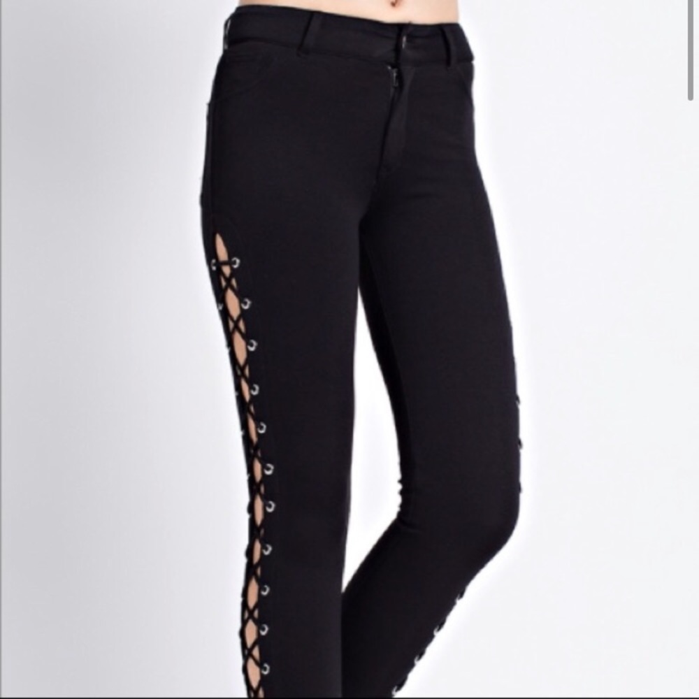 Black Lace Up Stretch High Waist Ponte Pants - Picture 2 of 3